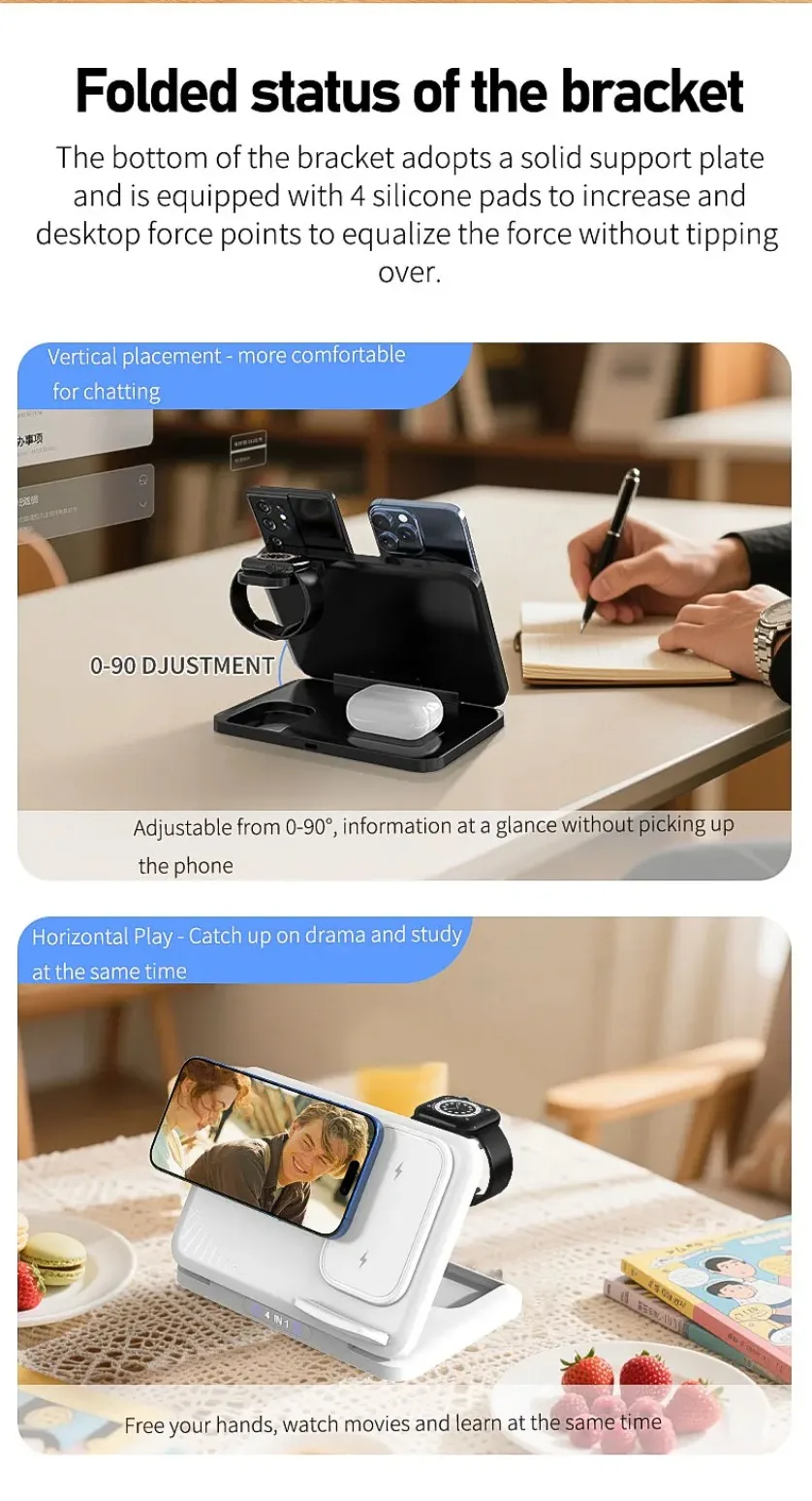 4-in-1 Dual-Handy-Ladestation für iPhone 17~12, Samsung S25, Xiaomi, Airpods Pro, Apple Watch 11~2, Magnetisches Schnellladen – Detail 8