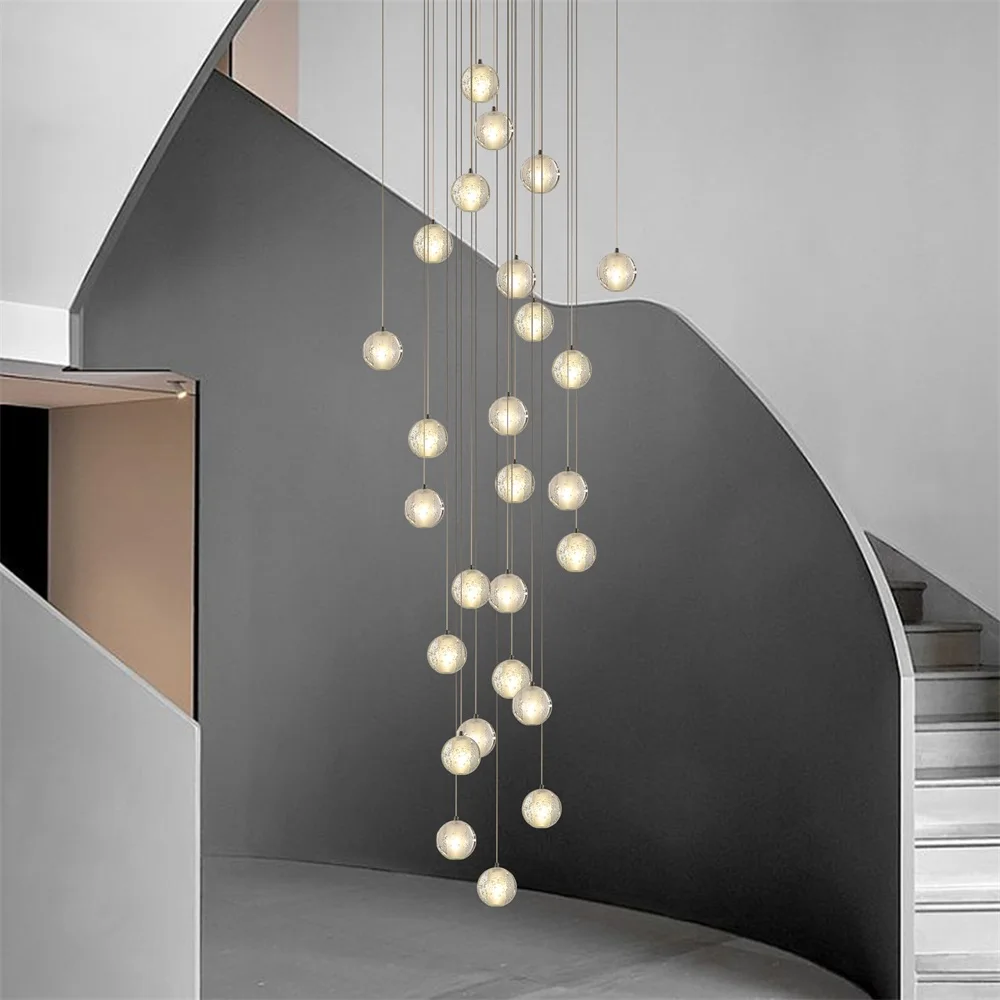 

High Ceiling 26 Lights Chandelier Modern Bubble Crystal Pendant Staircase Chandelier Raindrop Ball Hanging Lights for Entrance