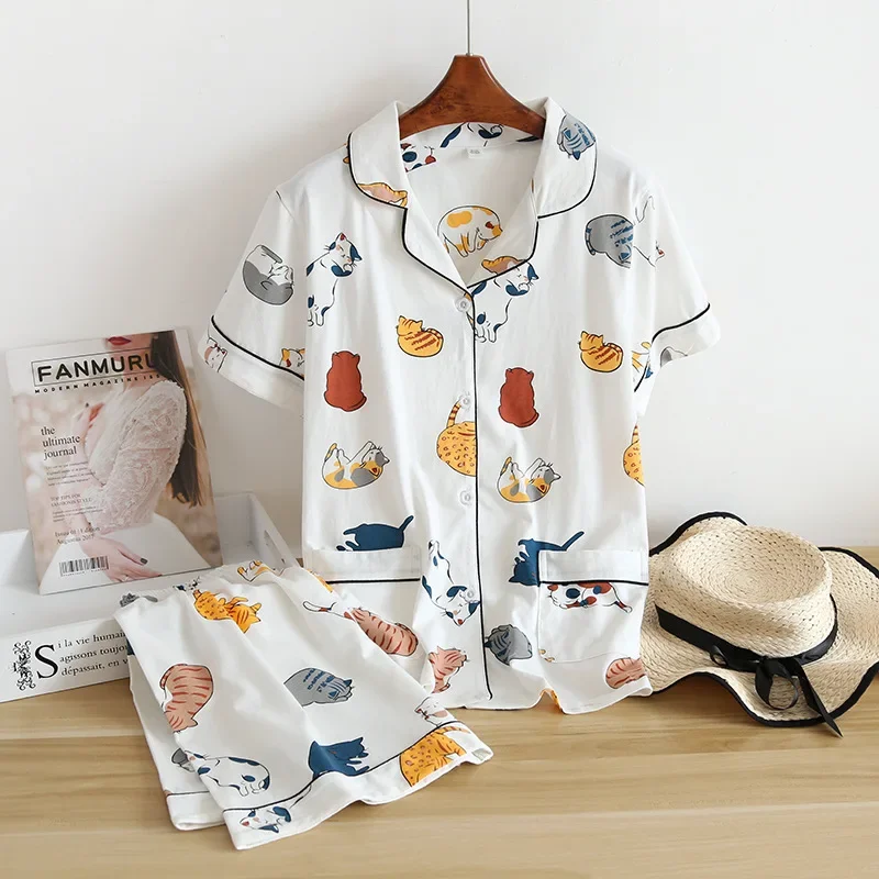 

2024 New 100% cotton short-sleeved shorts ladies pajamas set cute cartoon pajamas Japanese simple short pajamas women sleepwear