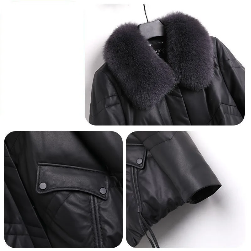 PU Leather Down Cotton-Padded Jacket Women Overcoat Winter New Imitation Fox Fur Collar Thick Warm Parker Coat Loose Short Coat