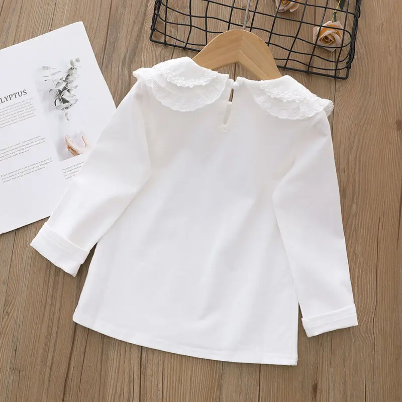 Baby Girls Long sleeved Bottom T-shirt Spring and Autumn Children's Embroidered White Shirt Flip Collar Doll Shirt Top