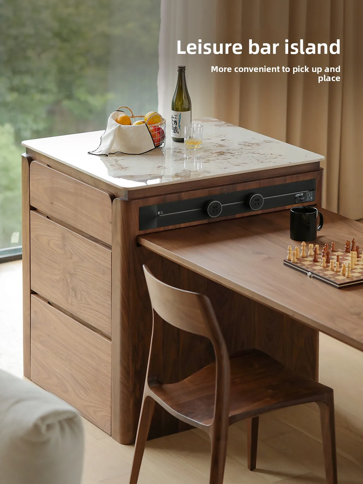 LH solid wood rock slab dining side cabinet display bar kitchen living room retractable island table
