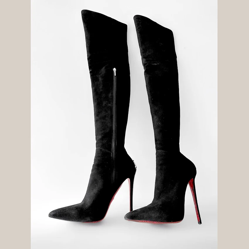 2025 جديد جلد الغزال الأسود فوق الركبة أحذية النساء مدبب تو مصمم المعادن عالية الكعب أحذية طويلة حفلة الفخذ أحذية عالية للنساء #5