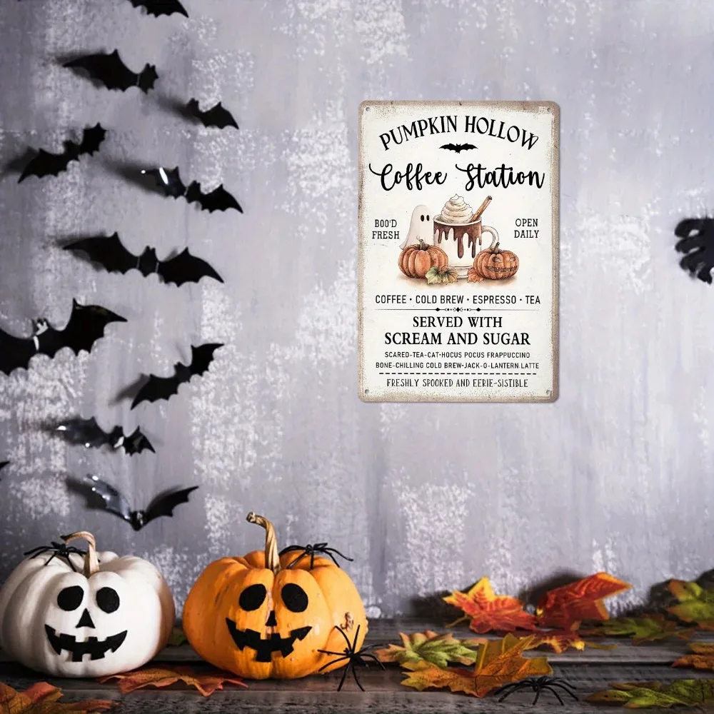 

Tin Painting - Pumpkin Hole Coffee Station | 8"x12" | Vintage Halloween Decoration | UV-resistant, Waterproof