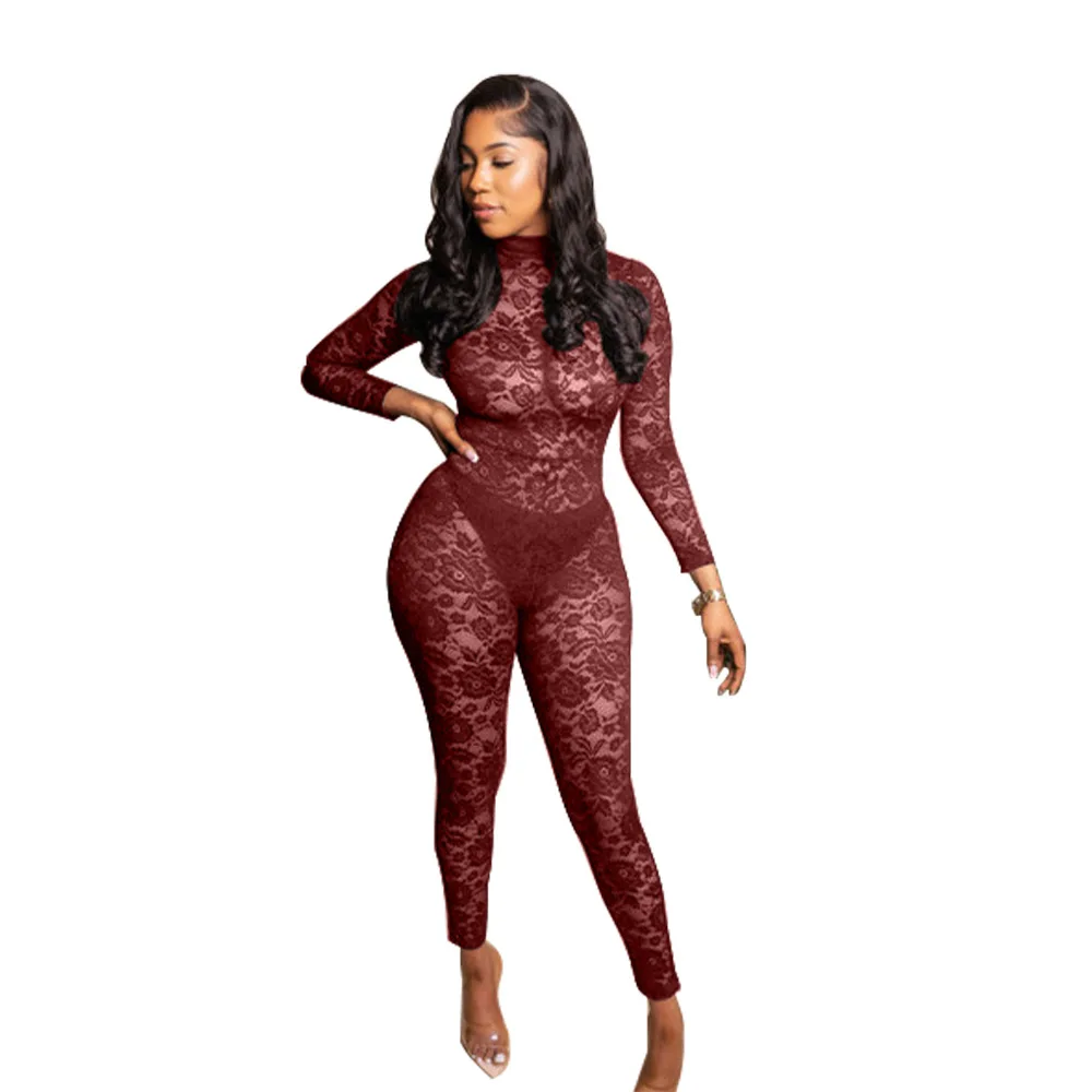 2024 New Lace Jumpsuits for Women Long Sleeve See Through Romper With Skirts Two Piece Set Sexy Party Club Jumpsuit