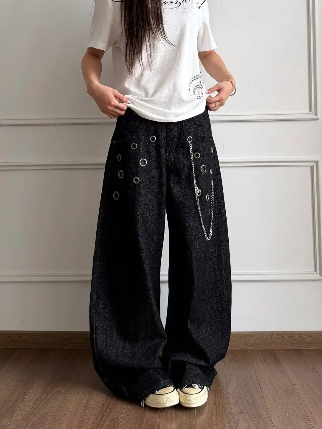 Black Womens Jeans High Waist Vintage Straight Winter Denim Pants Street Multiple Pockets American Wide Leg Baggy Denim Trouser