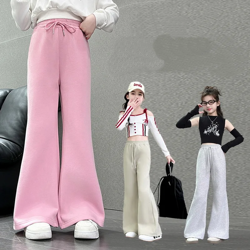 Kids Flare Pants with Drawstring For Girl Casual Style Children Bell Boot Cut Trousers Fashion Design Grey Pink Sweatpants 4-14