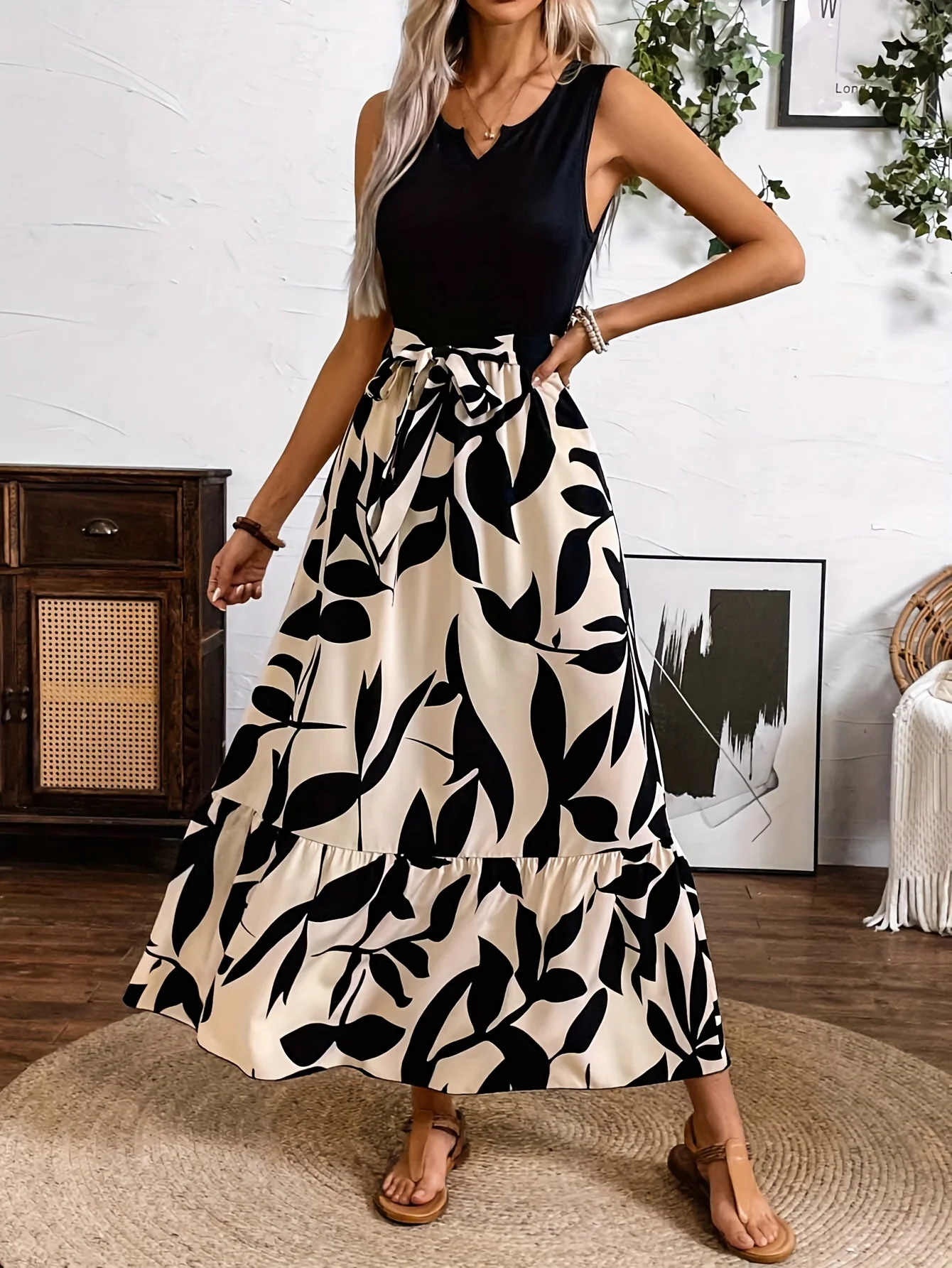 Spring and Summer Explosive Casual High-Waist Floral Print Round Neck Exotic Resort Style Elegant Splicing Long A-Line Dress