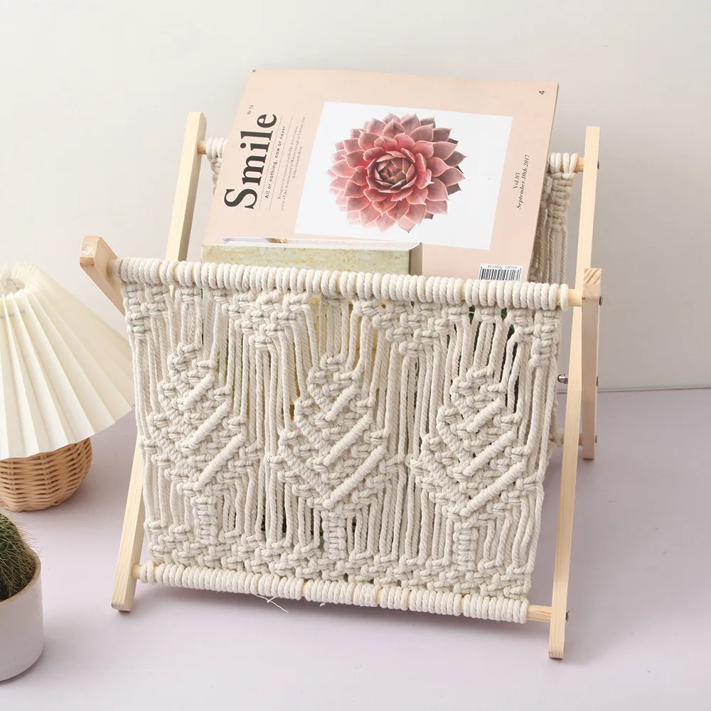 INS Nordic Cotton Rope Woven Basket Rectangle Macrame Storage Basket Magazine Rack Organizer Boho Home Desktop Storage Rack