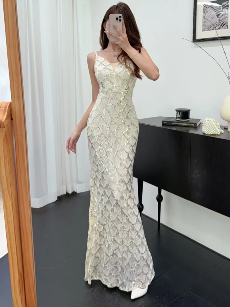 Printemps automne paillettes Plaid col en v Sexy robe à bretelles femmes élégant luxe danse robe de soirée 2025 coréen moulante à volants robes