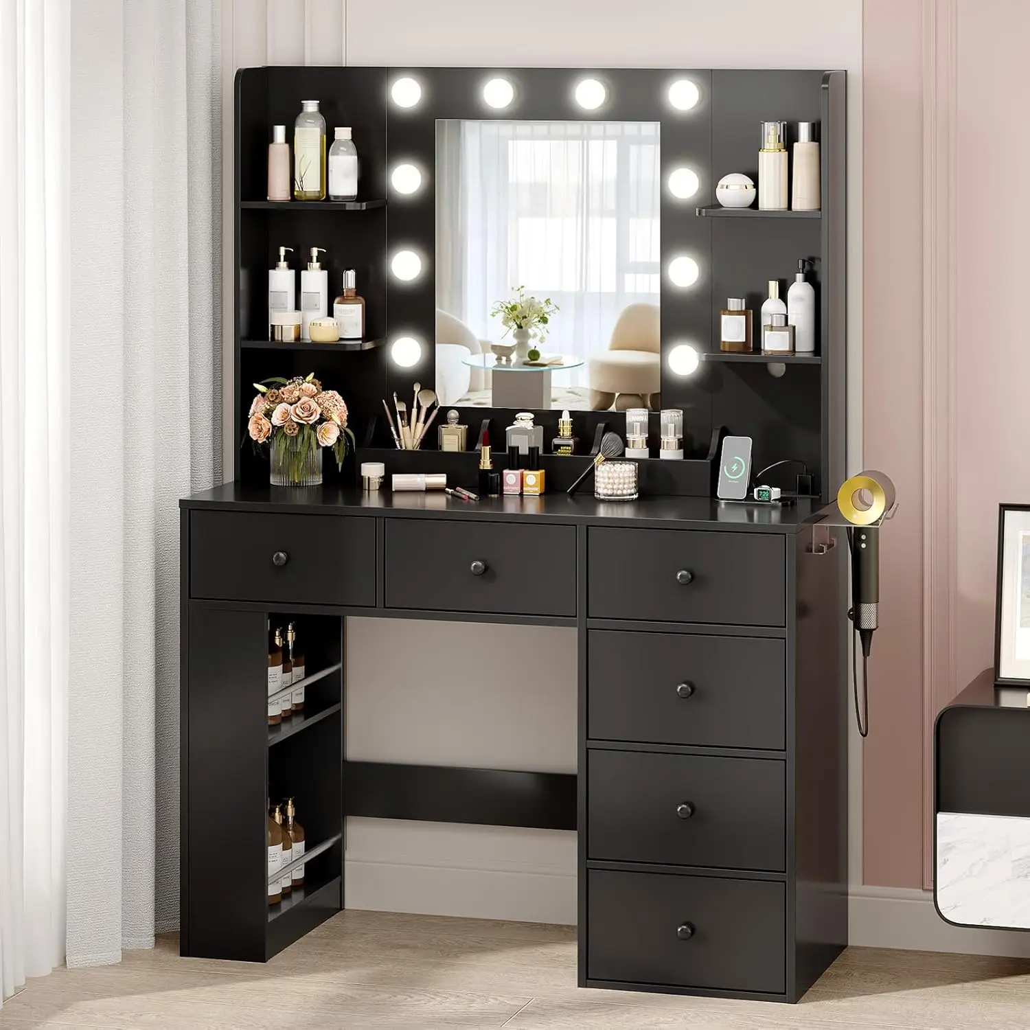 

Туалетный столик с зеркалом и подсветкой, туалетный столик для макияжа с 6 ящиками для хранения и встраиваемыми ящиками, белый туалетный столик 58 дюймов, встроенный Holly