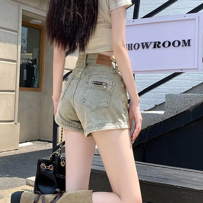 

High Waist Denim Shorts Women's Thin A-Line Straight Leg Pocket Design Zipper Wrap around Summer Fashion Casual Jeans