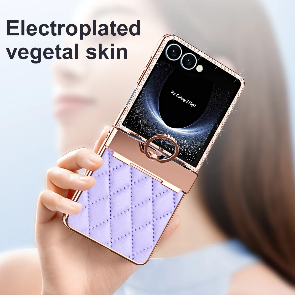 Luxury Flash Diamond Plain Leather For Samsung Galaxy Z Flip 7 Case Fold Hinge Rotating Ring Bracket Cover Optional Mirror Film