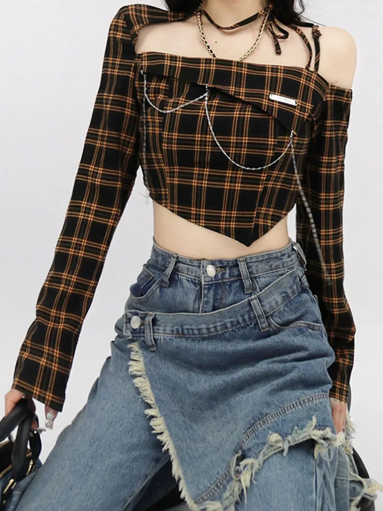 Off Shoulder T Shirt Women Summer Sexy Plaid Bandage Shirt Vintage Square-neck Shirt Crop Top Female Long-sleeved Blouses