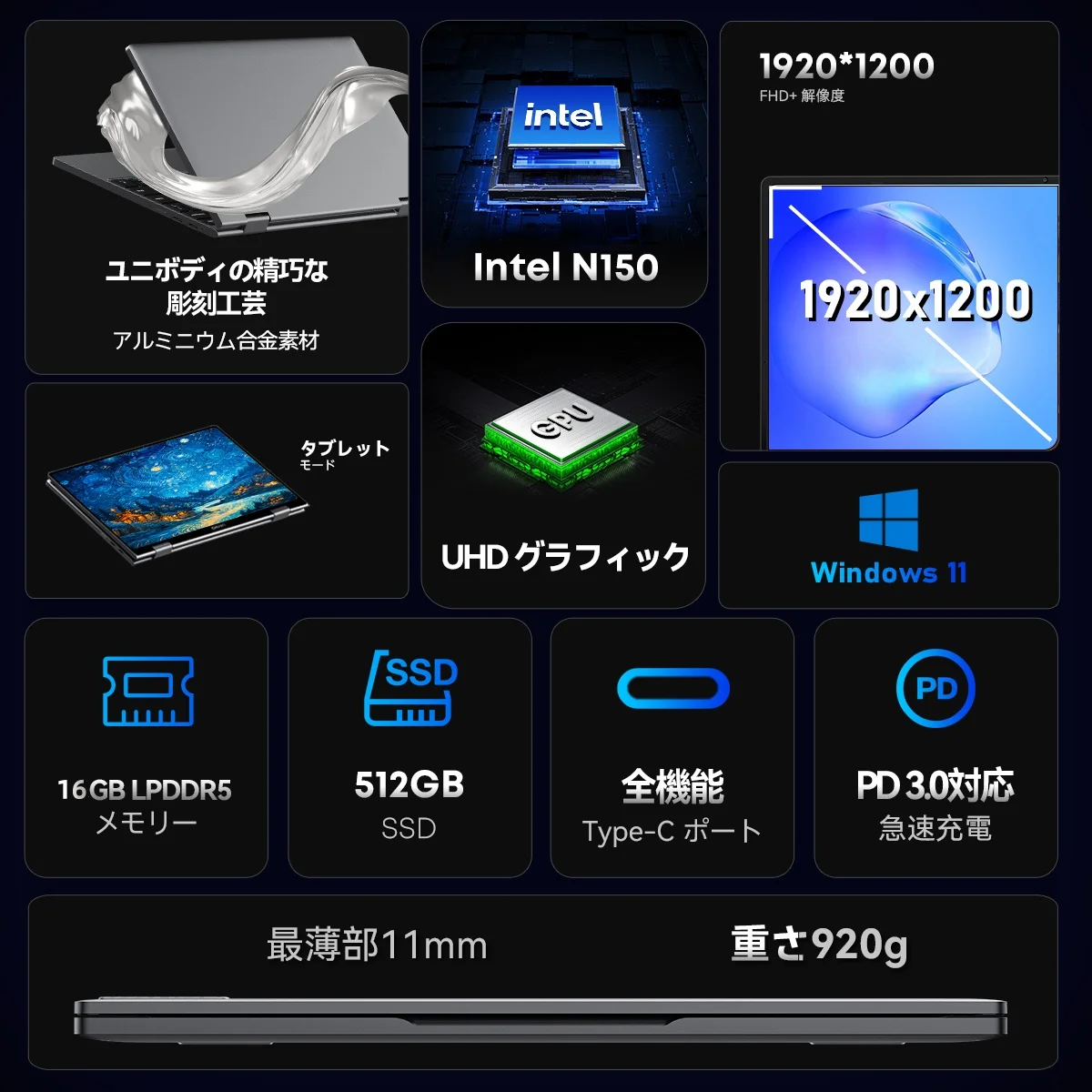 CHUWI MiniBook X Laptop 2-w-1 Intel N150 (do 3,6 GHz) 512 GB ROM 16 GB LPDDR5 10,51 cali 1200x1920 FHD IPS Windows 11 Notebook