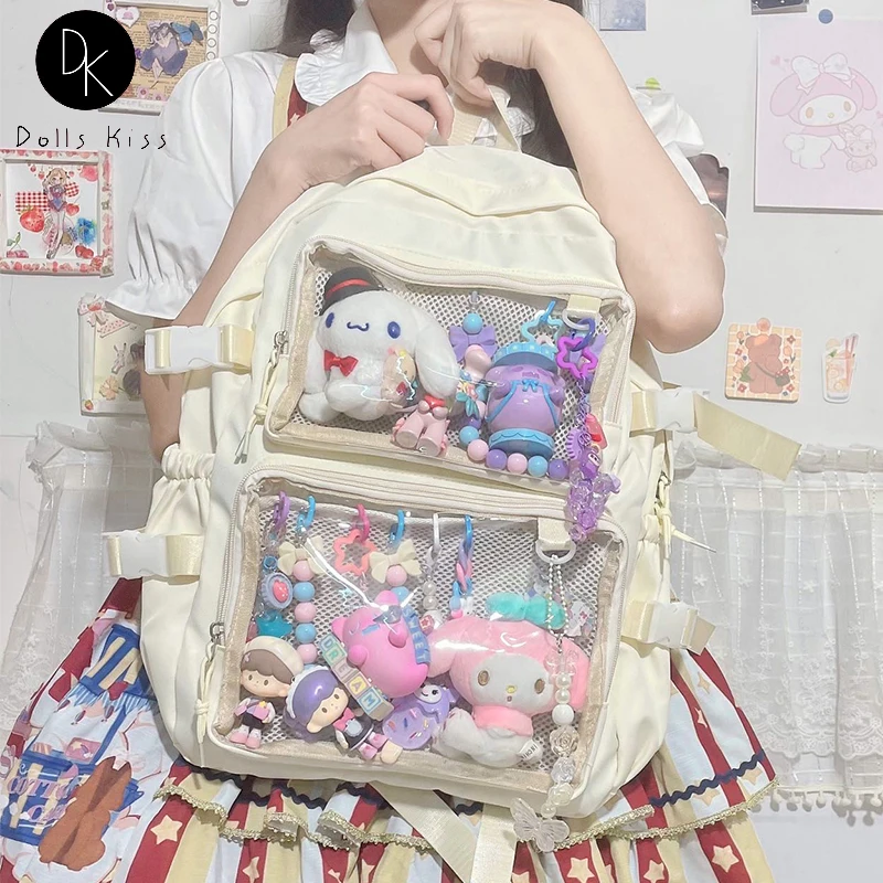 

Harajuku Women Badge Display Ita Backpack Japanese Clear Pocket Large Capacity Backpack Cute Book Bag Female Travel Daypack