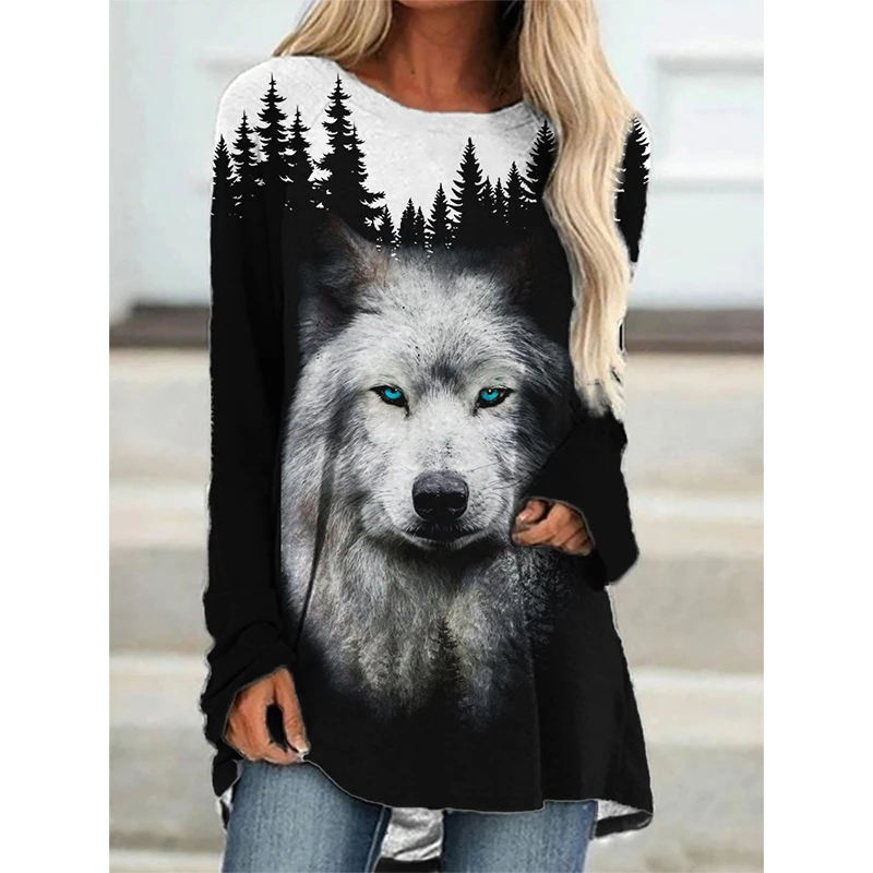 Aztec Ethnic Style Wolf T Shirts Geometry 3D Print Women Long Sleeve T-shirt Oversized Streetwear Woman Tunic Tees Tops Clothing