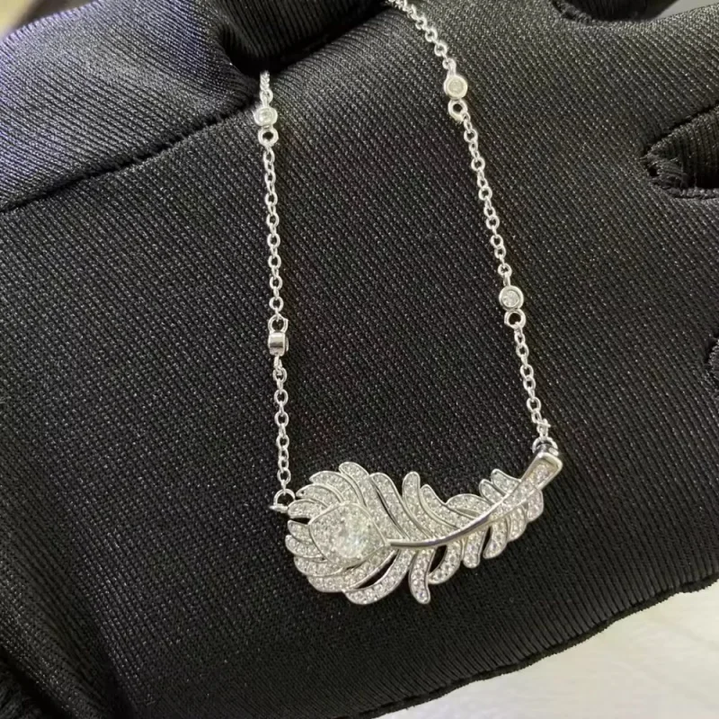 925 silver gold-plated women's all diamond feather ring necklace elegant jewelry accessories