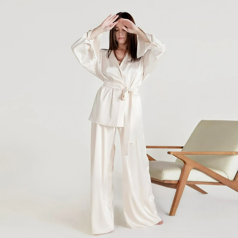 Pajamas Ice Silk Two-piece Set Spring Summer Bathrobe High-end Look Long Pants Comfortable Simple French Home Wear for Women