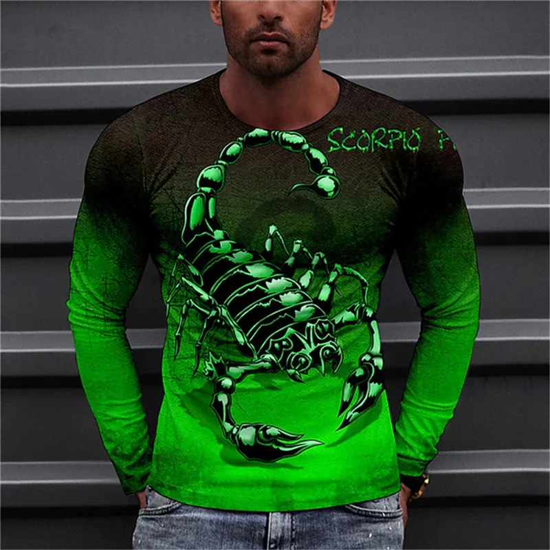 Long Sleeve Round-Neck Fashion Animal Pattern Men\'s T-Shirts Scorpion 3D Print Streetwear Pullovers Tops Loose Casual Man Tees