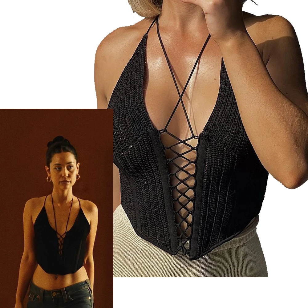 TV Series Euphoria Cosplay Maddy's Black Lace Up Corset Top Sexy Black Green Top Halloween Carnival Party  Role Play Costume