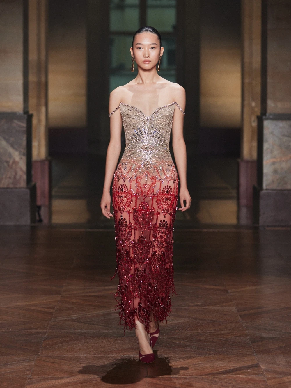 Luxury Gradient Red Champagne Evening Dress Heavy Beaded Sheer Fringe Delicate Prom Gown Customized Illusion Sparkly Wear
