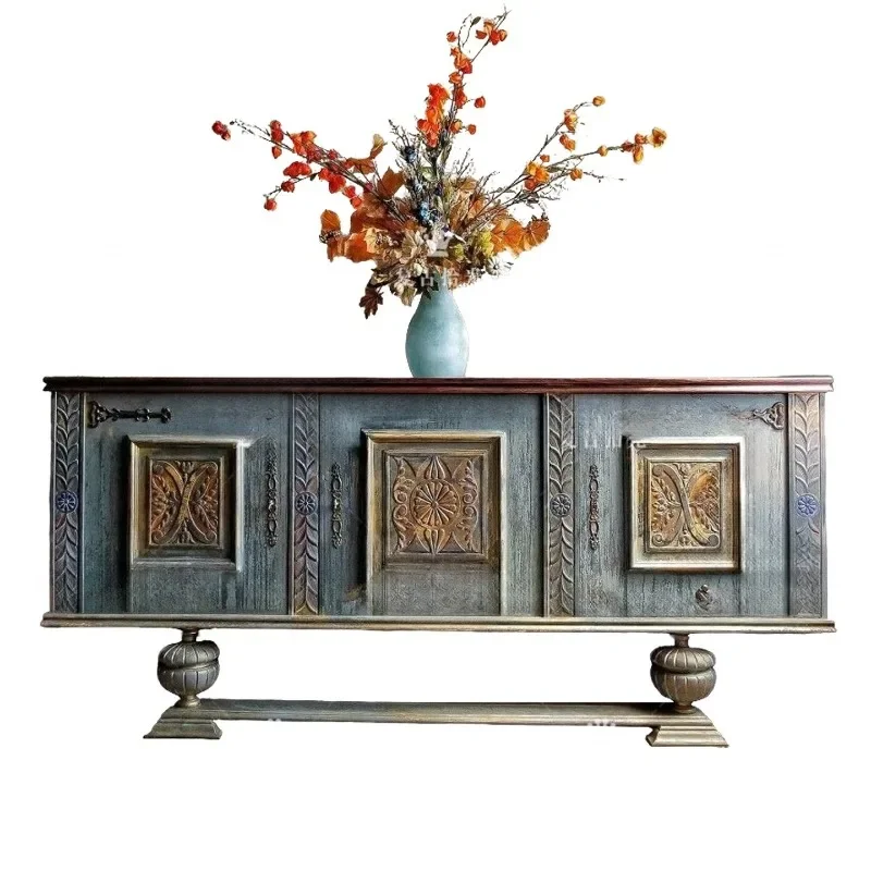 

French vintage solid wood carved entryway cabinet living room wall decoration cabinet storage cabinet sideboard old