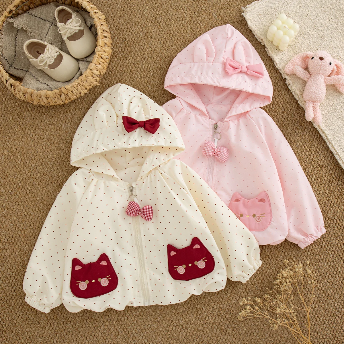 Girl's Coat Spring And Autumn Polka Dot Bow Hooded Baby Girl Hoodie Jacket Cute Cotton Casual Children's Jacket