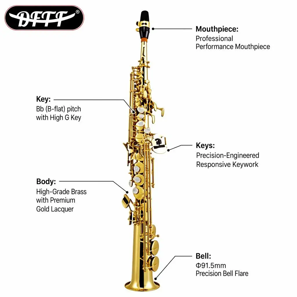 DFFT Professional Bb Straight Soprano Saxophone Gold Lacquer High G Key Brass Instrument Waterproof Leather Pads Case For