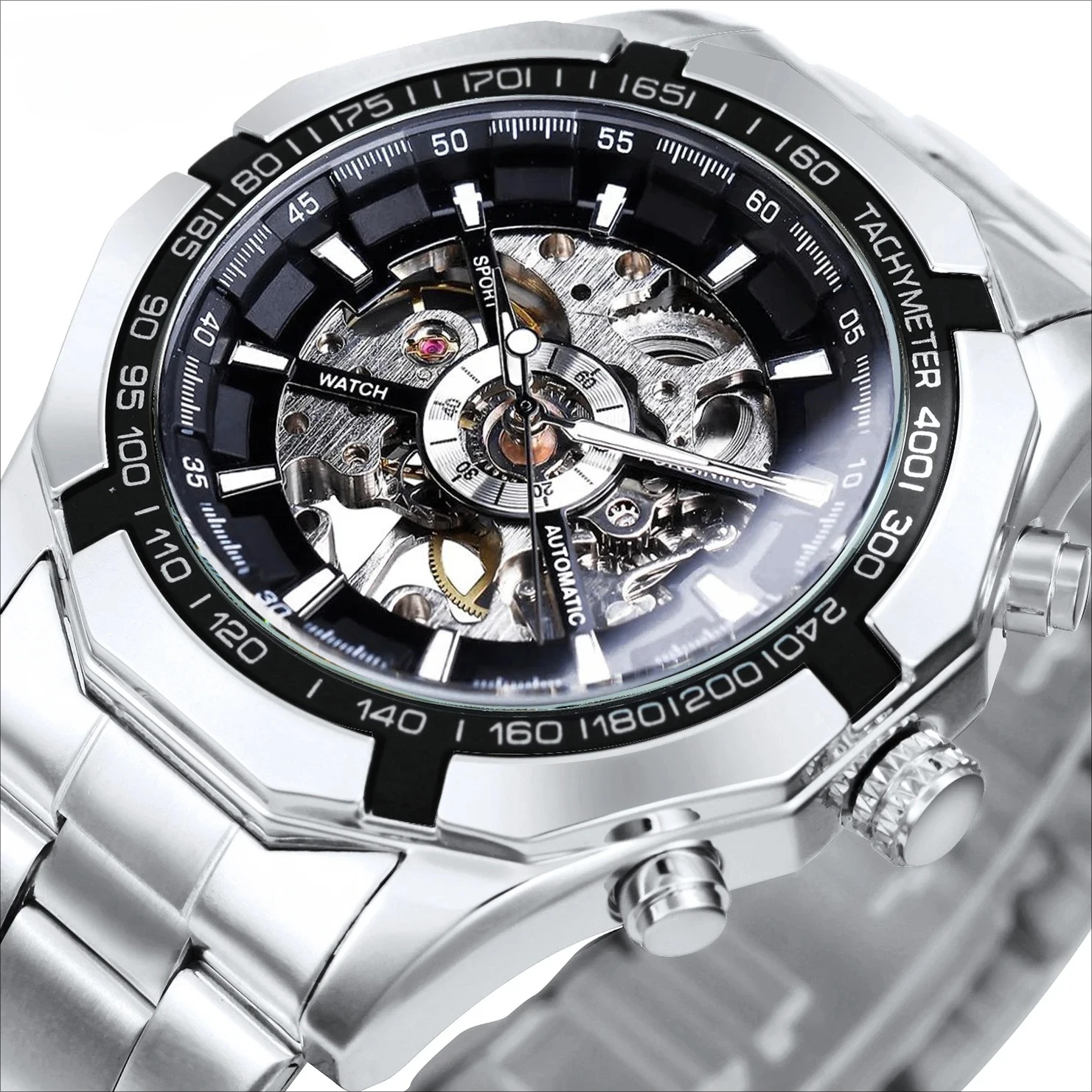 ساعة هيكل عظمي كلاسيكية للرجال ساعات آلية مضيئة بحزام من الفولاذ المقاوم للصدأ ماركة فاخرة Forsining ساعة اليد