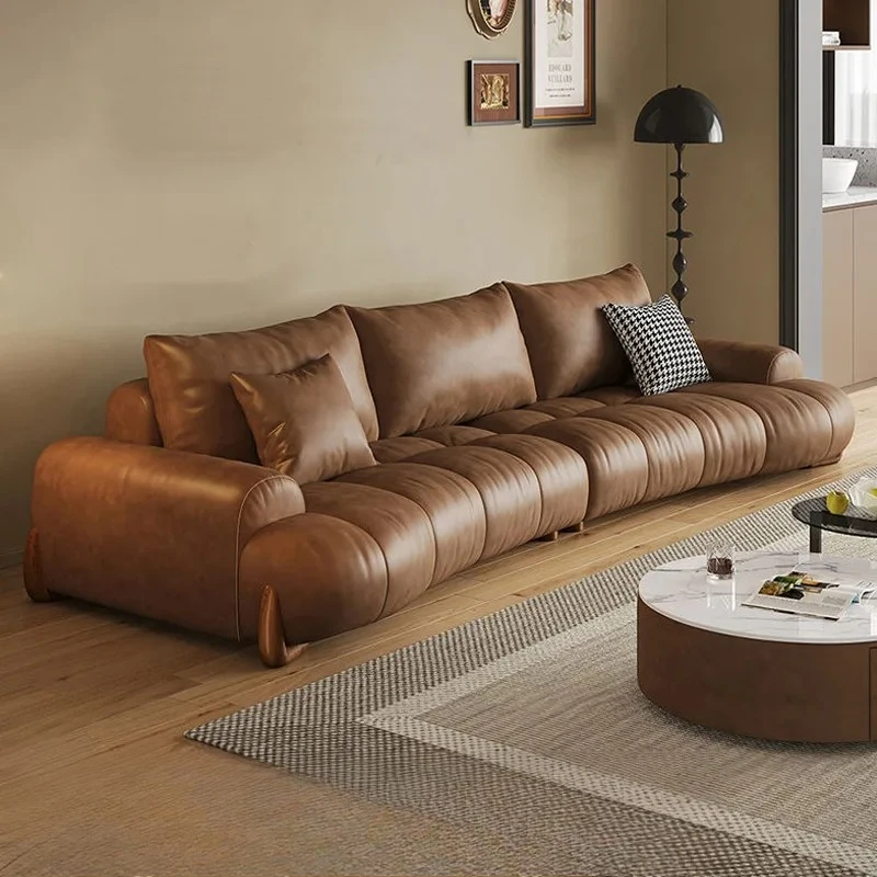 Italian minimalist curved leather sofa retro style modern simple living room first layer cowhide straight row sofa high sense