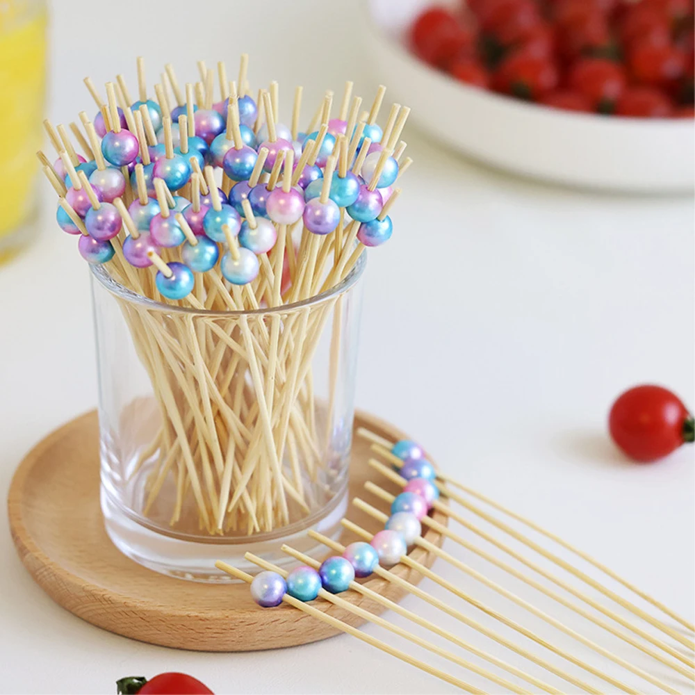 100pcs Bamboo Cocktail Picks Skewers Toothpicks Gradient Pearl Fruit Food Sticks for Appetizer Wedding Birthday Party Decor