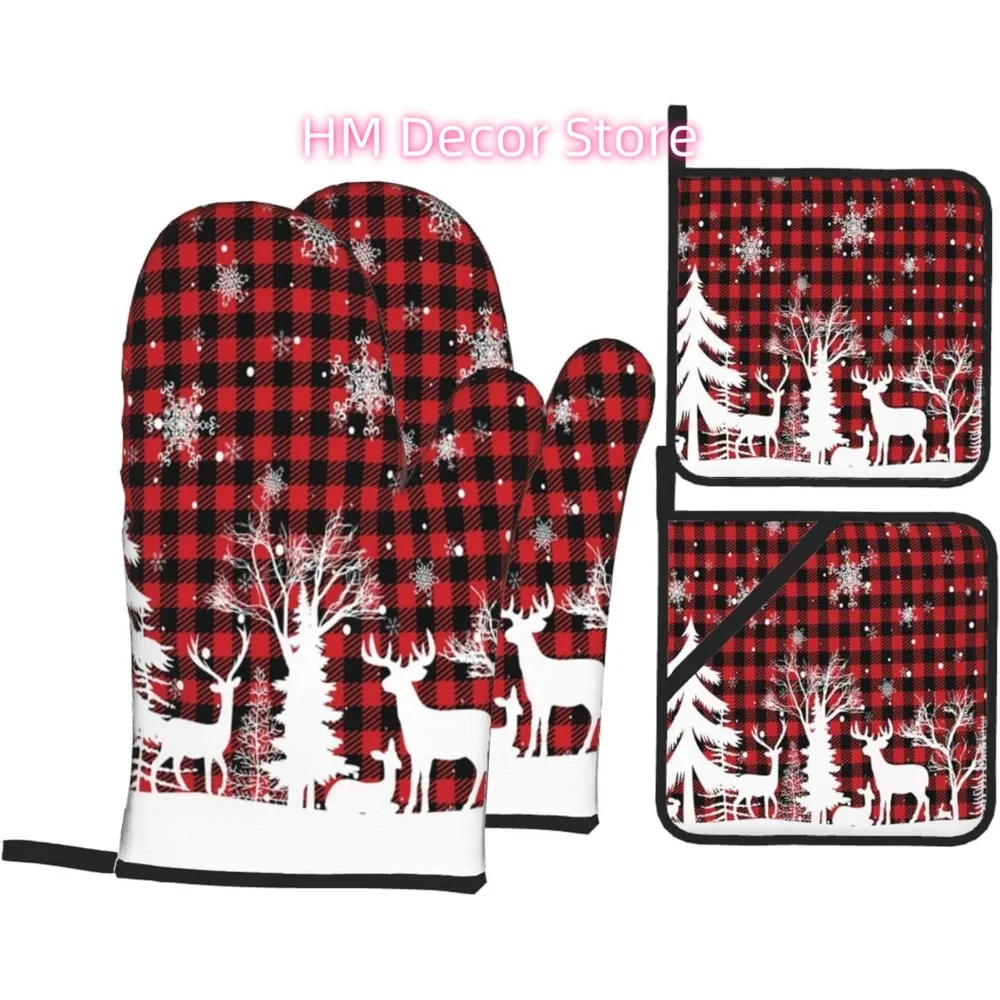 Xmas Deer Buffalo Plaid Oven Mitts and Pot Holders Sets of 4, Xmas Non-Slip Heat Resistant Polyester Cooking Gloves Winter New Y