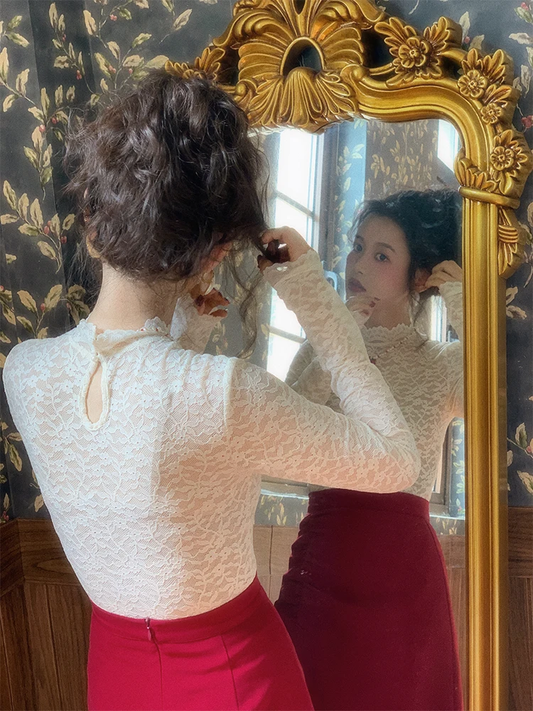 Yuan Ying Lace Long Sleeve Half High Collar Slim Fit Women's Base Shirt Vintage Style Commute Fashion Autumn Collection