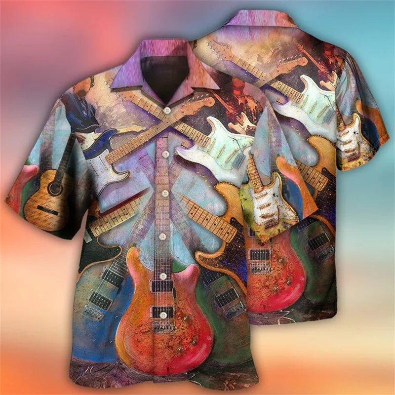 Guitar Bass Pattern Hawaiian Shirt For Men Instrument 3D Print Blouse Summer Casual Lapel Tops Loose Aloha Shirts Short Sleeves