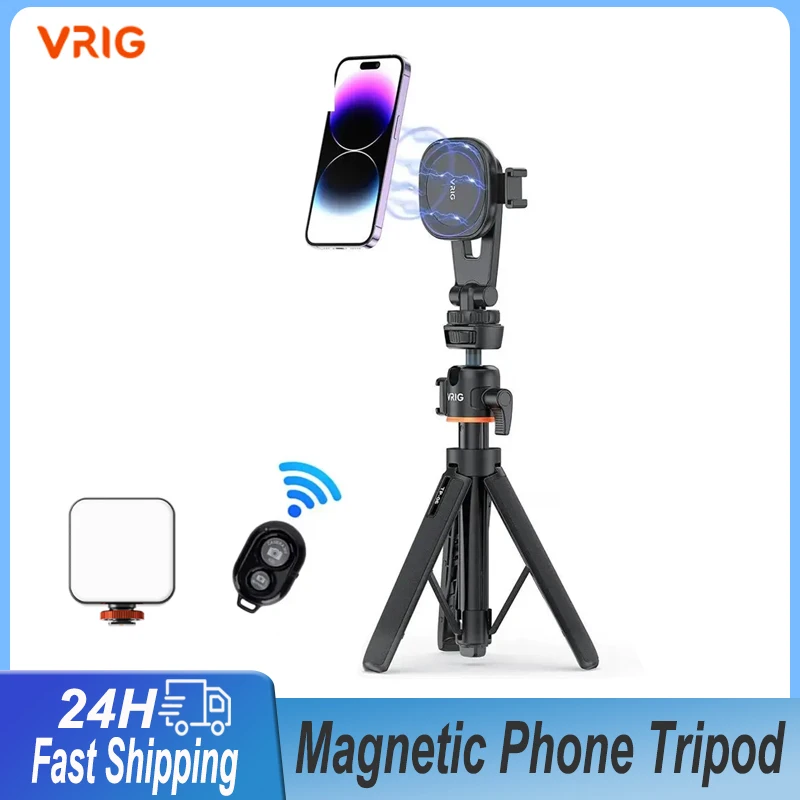 

VRIG Magnetic Phone Tripod Mount for Magsafe Magnet Phone Holder with Ring Fill Light for iPhone 12 13 14 15 Pro Max All Phones