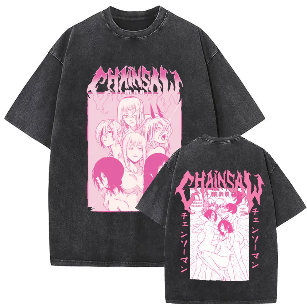 Camiseta Vintage lavada de Anime con motosierra para hombre, camiseta de gran tamaño, camiseta gráfica Sexy Makima Reze Power, camiseta informal para locadores Otaku para hombres y mujeres