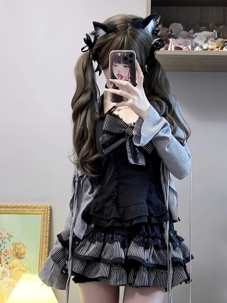 Y2k القوطية الزي النساء ثقافة فرعية لطيف القوس مجموعة فستان الحلو الجرونج المحاصيل القمم + ميدي تنورة موضة الحلو الأمريكية E-girl الخريف #5