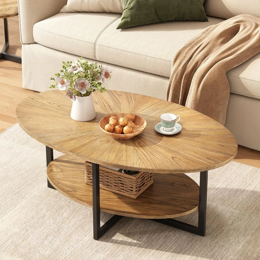 

Solid Wood Oval Coffee Table with Cross Metal Legs, 43.3in Modern Industrail Center Table with Open Shelf Cocktail Tea Table