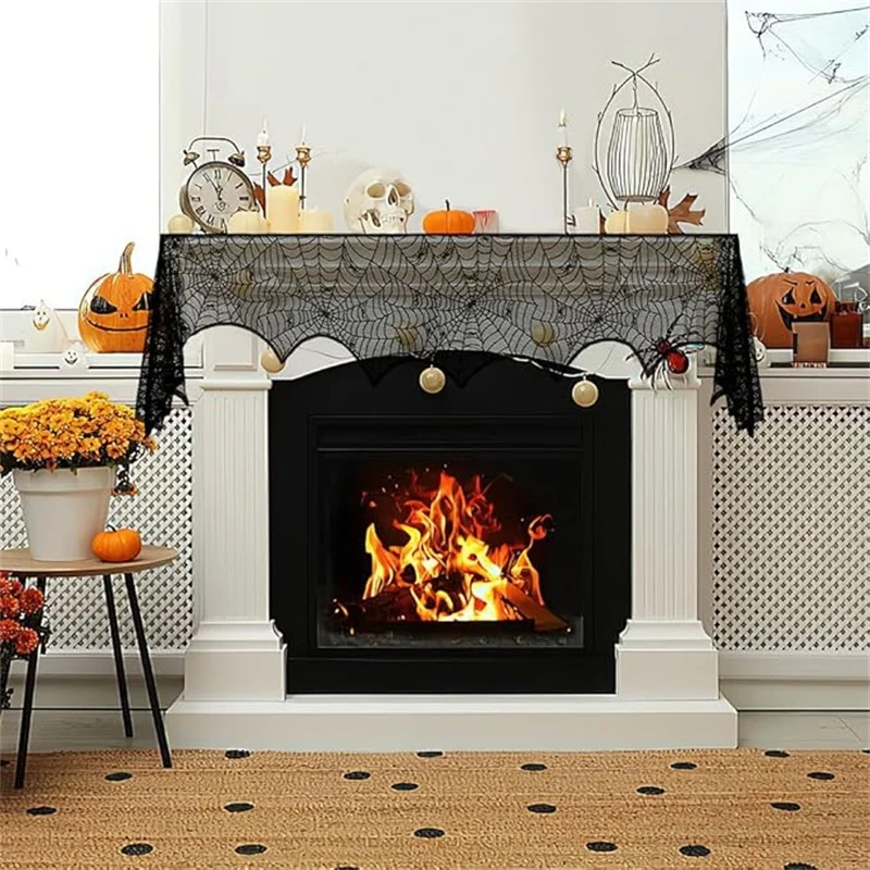 Halloween Lace Spider Web Skeleton Skull Tablecloth Black Fireplaces Mantel Scarf for Event Party Decorations 1 Piece