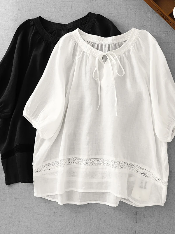 

Faionable Lace Splicing Hollow out Thin irt Женский повседневный свободный универсальный топ большого размера ort Sve V-Ne