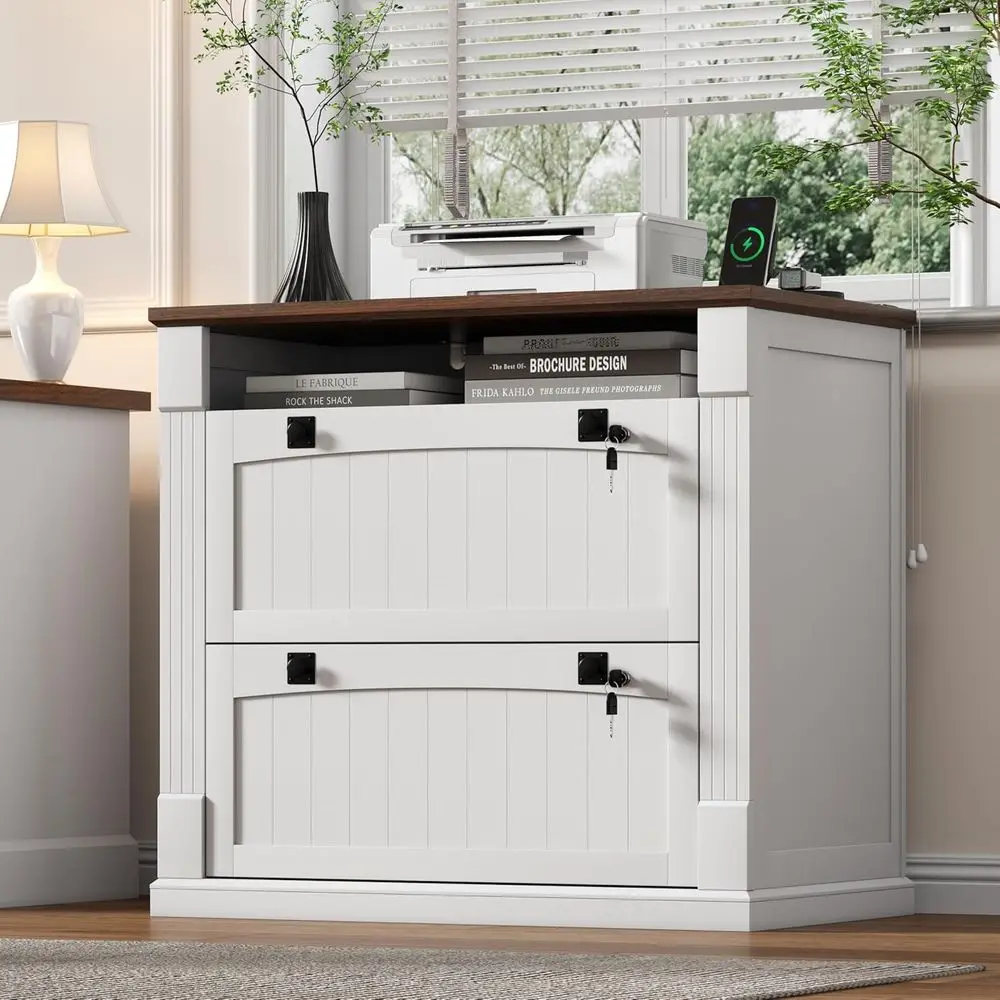 

37'' Lockable Lateral Filing Cabinet with Charging Station and Open Storage Shelves for Home Office, Suitable for Printer and Va