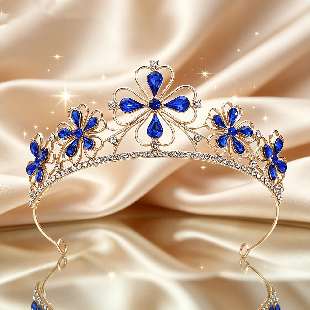 Baroque Four-Leaf Flower Crystal Bridal Tiara Sparkling Rhinestone Floral Queen Crown Elegant Royal Headpiece Wedding Birthday