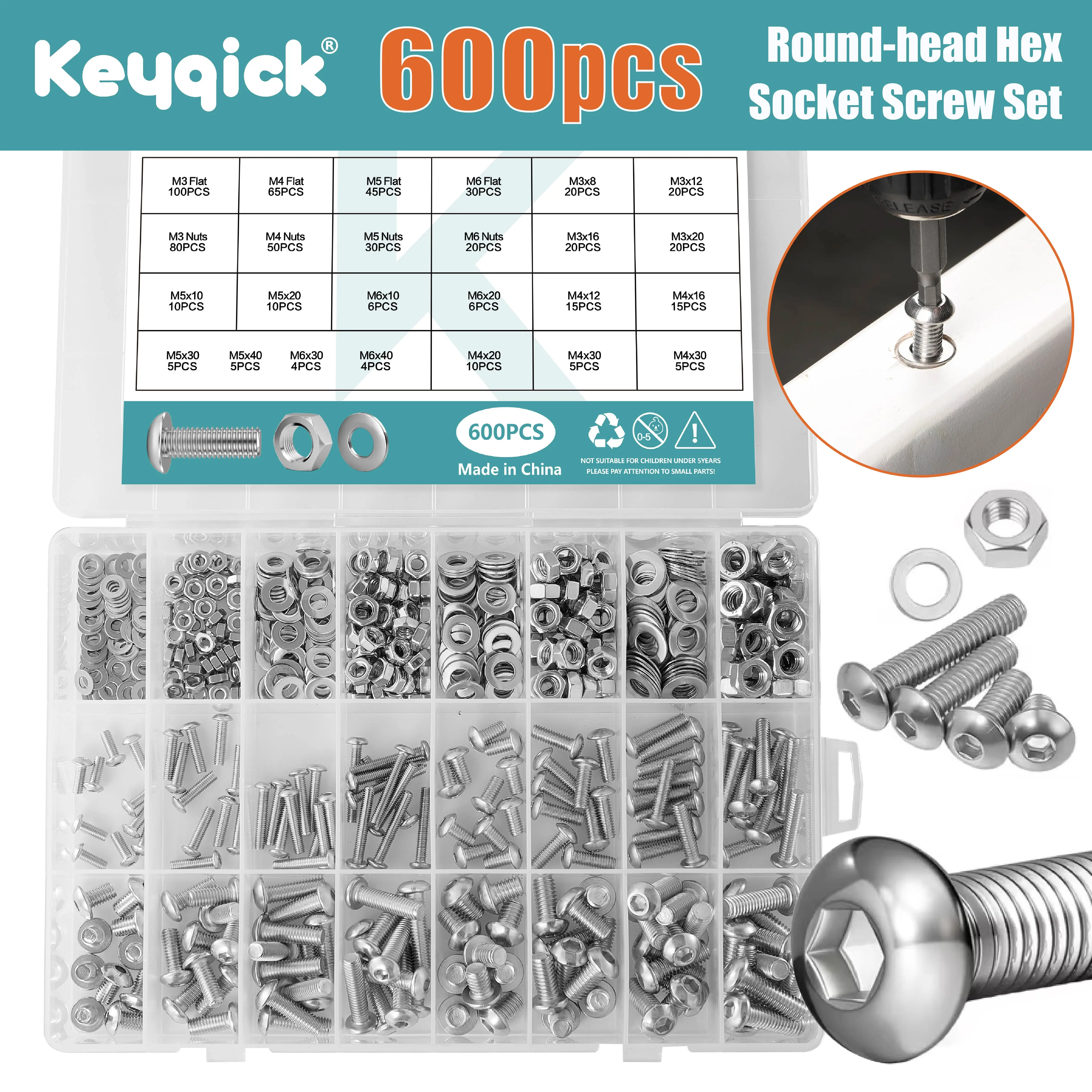 【600Pcs Complete Assortment Kit】This Fastener Set Contains M3/M4/M5/M6 Button Head Hex Socket Bolts, Matching Nuts and Flat Washers, Total 600 Pieces with a Labeled Storage Box to Organize Different Sizes.