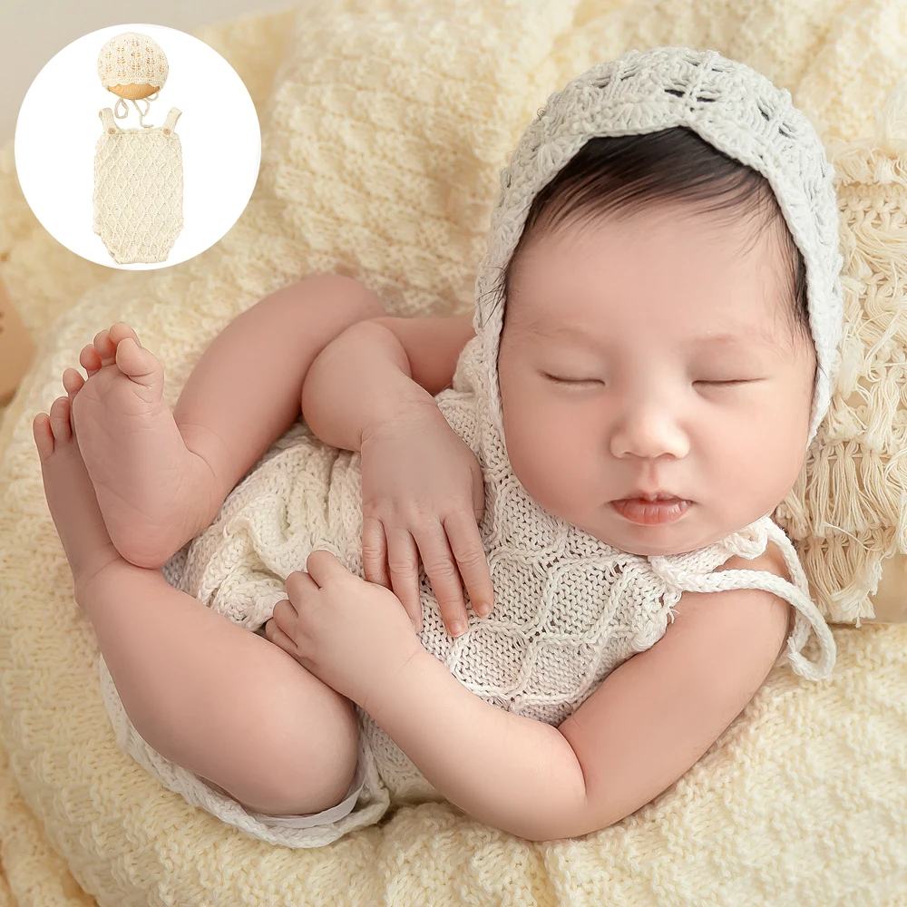 Roupas para fotografia de recém-nascidos, macacão macio de malha para foto de bebê, conjunto de chapéu para estúdio de bebê menina, chapéu de renda, acessórios de roupa