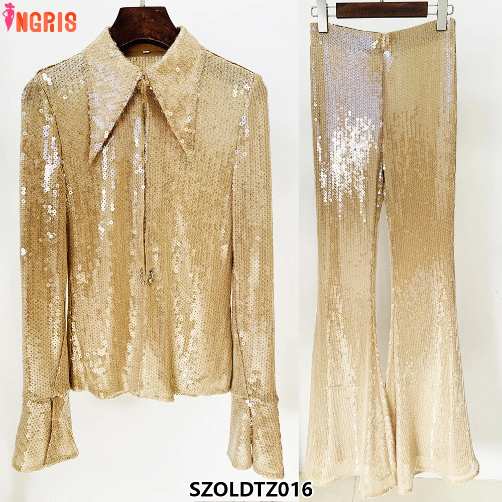

High Quality Newest 2025 Designer Shirts Women Flared Glitter Sequin Gauze Button Up Shirts-SZOLDTZ016