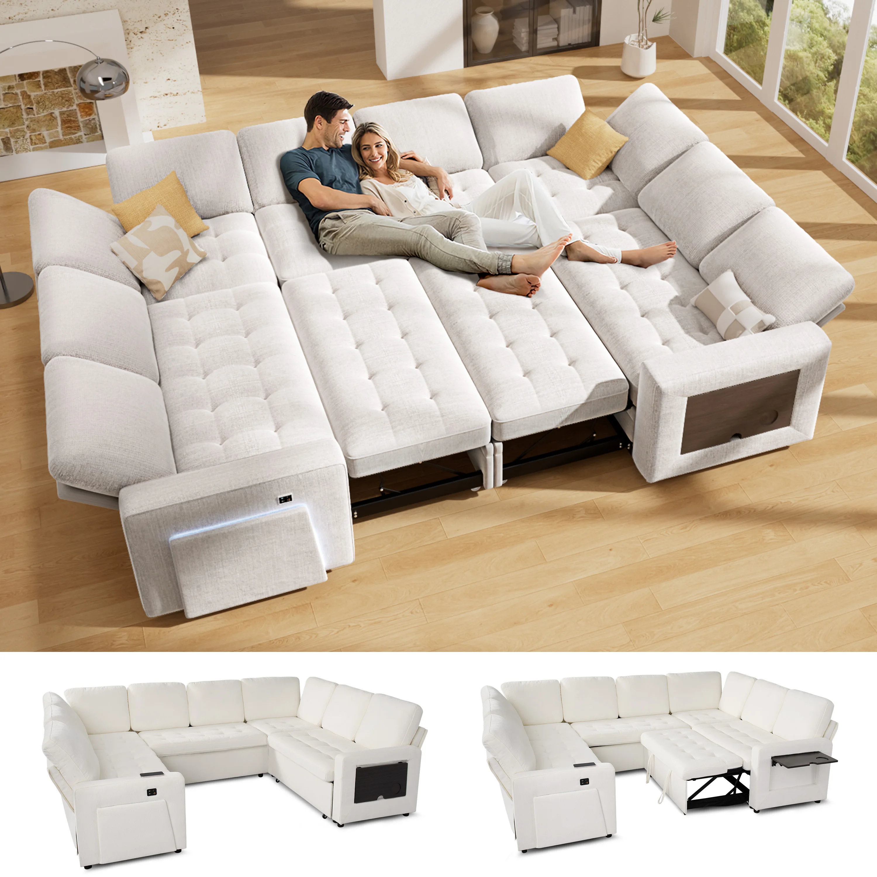 Hcore Large U-Shaped Modular Sectional (8-Seat) - Pull Out Bed Sleeper, Reclining Backrest, USB Ports, LED Light, Storage Seat