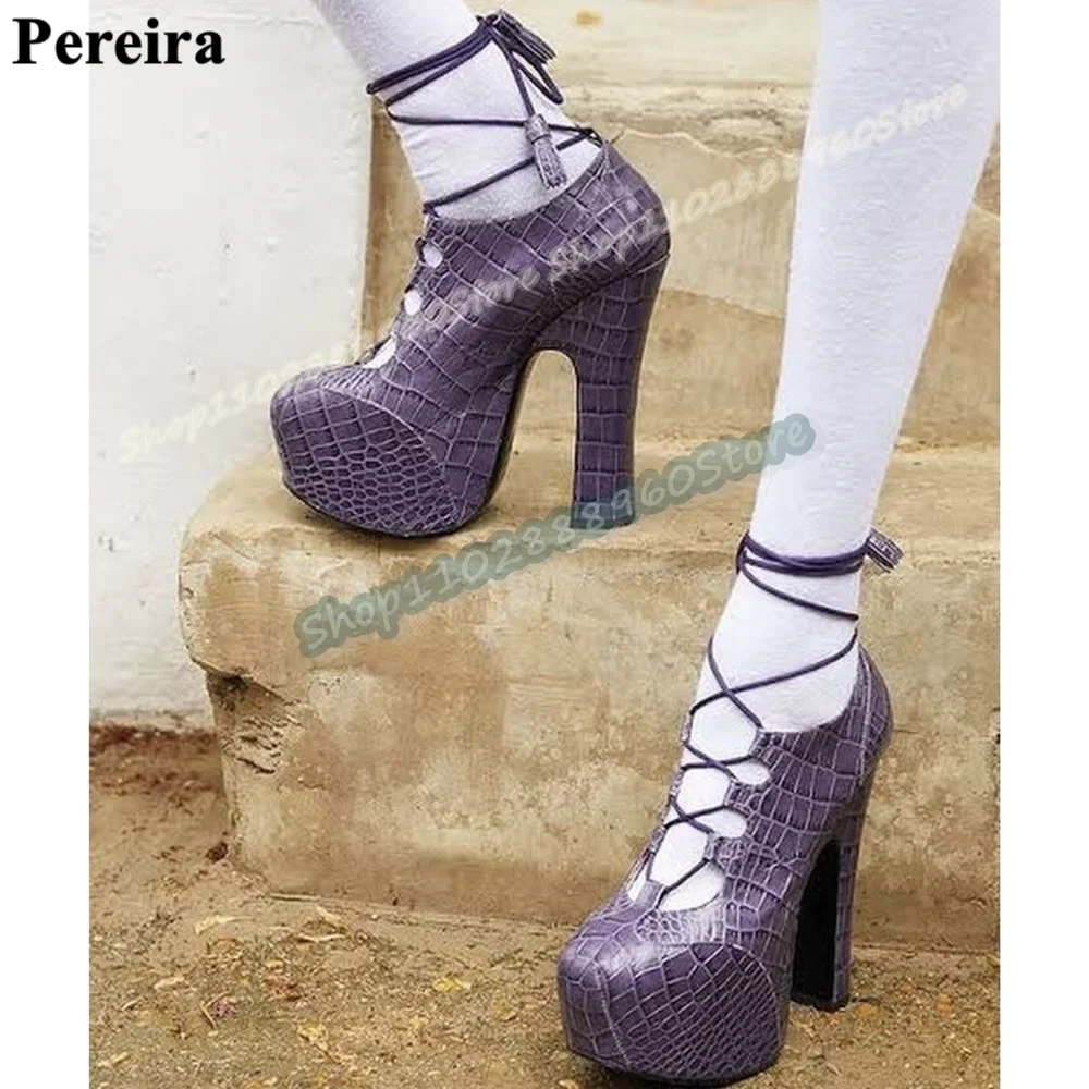 

Trendy Purple Crocodile Skin Platform Pumps Thick Heel Shoes For Women Cross Tied Round Toe Fashion Party Zapatos Para Mujer