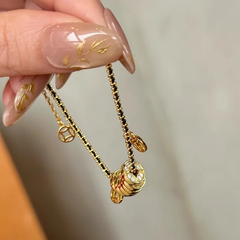 Black rope woven hollow out Five Emperors coin tassel necklace bracelet for women inlaid diamonds retro exquisite jewelry sets