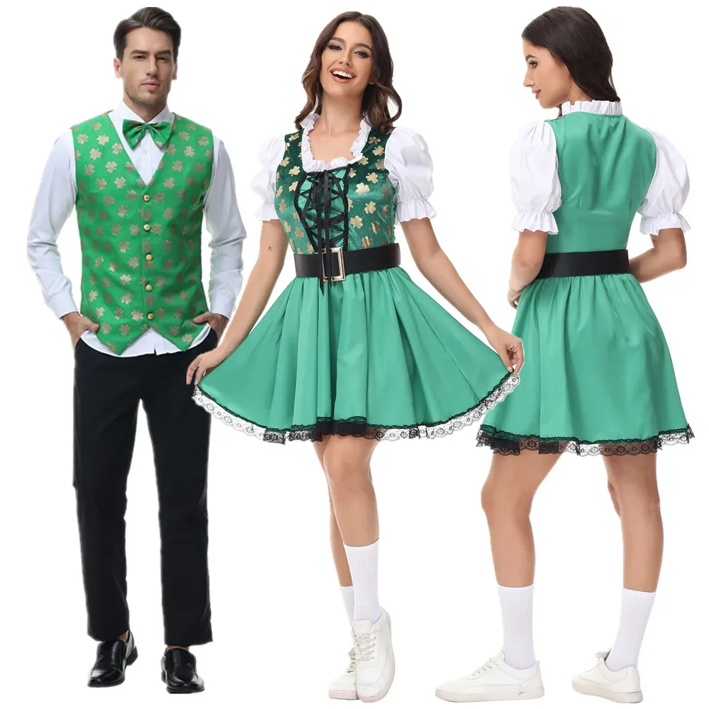 

2024 New German Oktoberfest Beer Girl Bavarian Tradition Maid Cosplay Costume Ireland Saint Patrick Clover Couple Fancy Dress